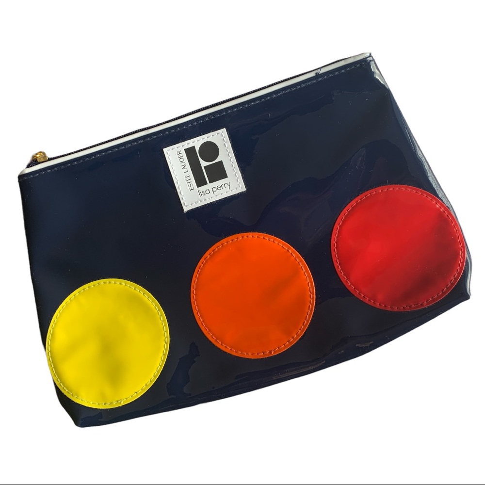 NWOT Estée Lauder Lisa Perry Retro Circle Dot Navy Glossy Makeup Bag Cosmetic